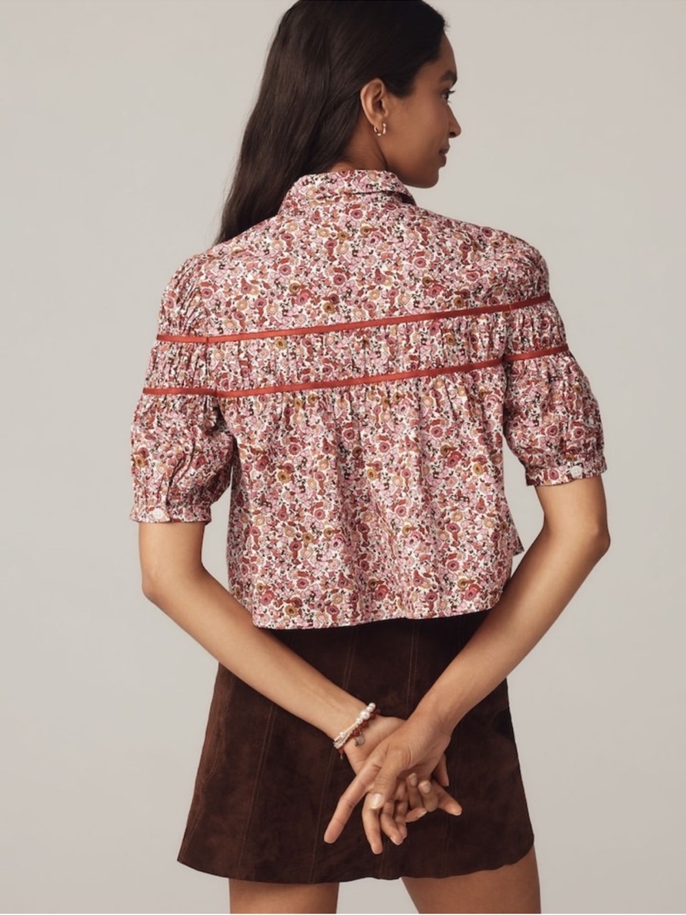 Anthropologie Maeve Leandra Shirred Yoke Blouse Pink Floral - Size M - Picture 2 of 7